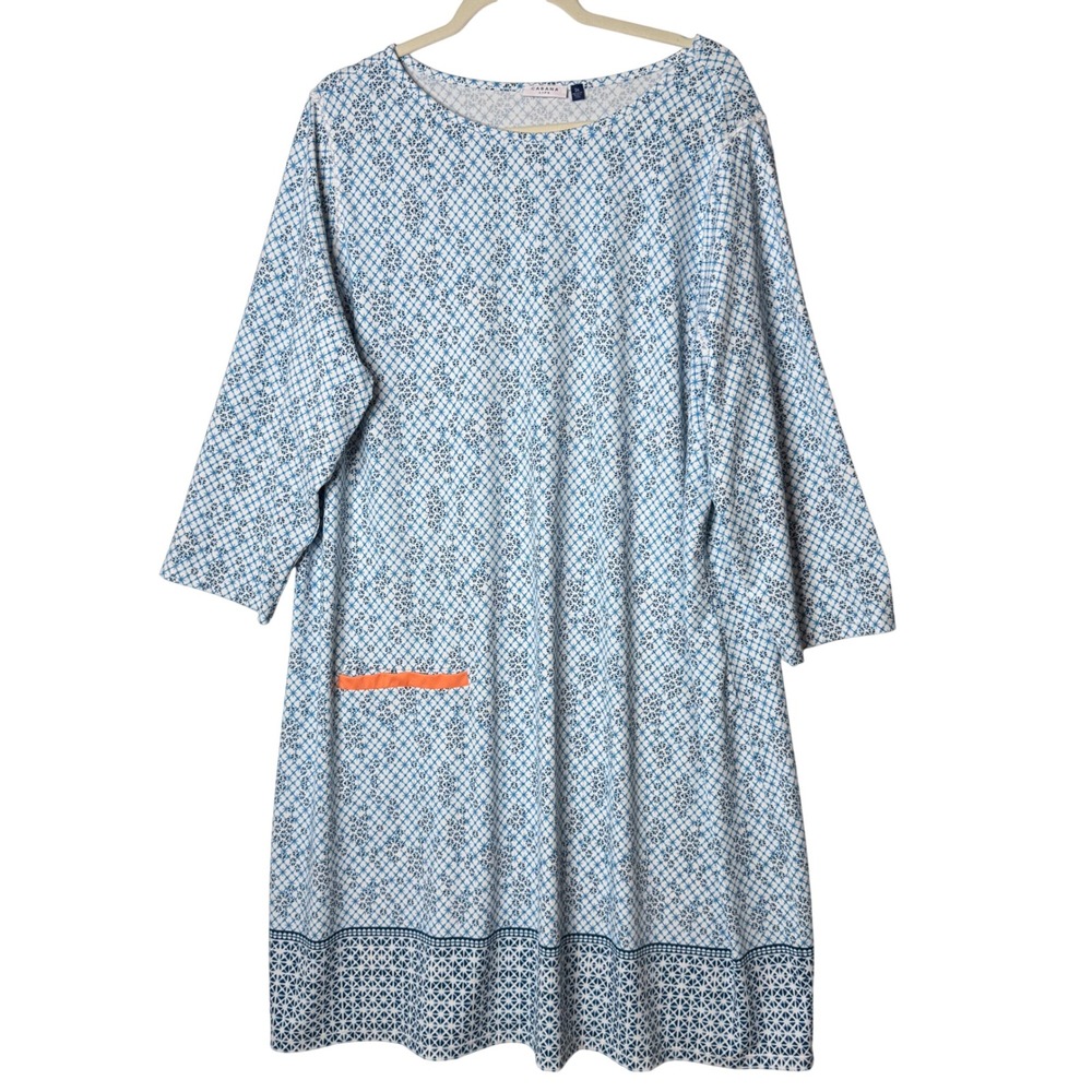 Cabana Life Shift Dress Sz 3X Blue White Geometric Pocket Stretch Beach Vacation